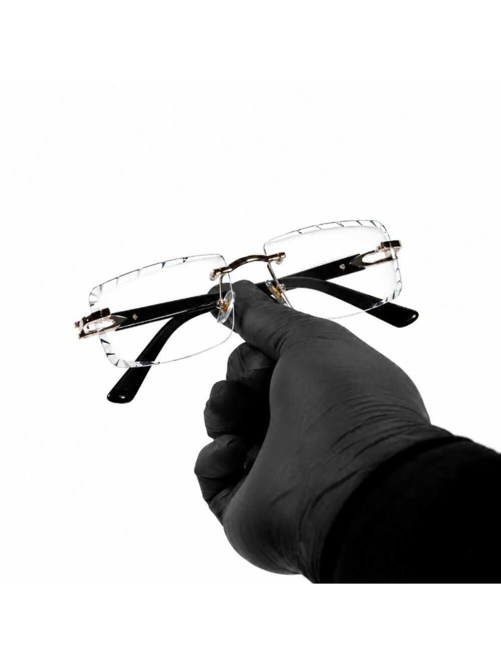 Silver Frame Eye Glasses Black Arm Rectangle Gem Cut Clear Lens Rimless Glasses